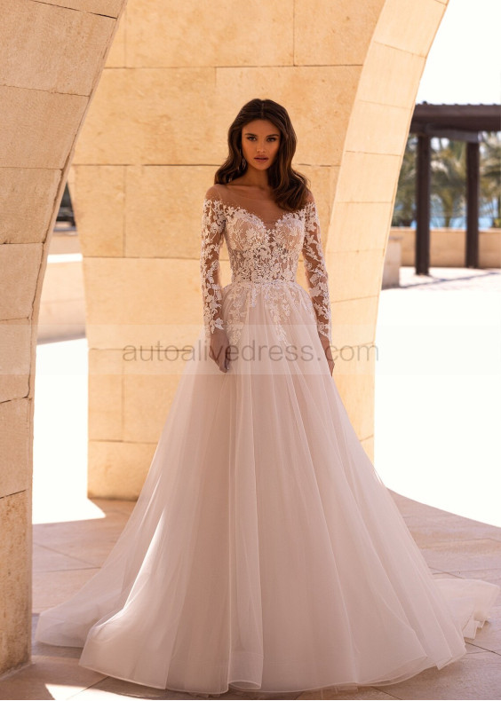 Beaded Ivory Lace Tulle Wedding Dress With Horsehair Trim Beaded Ivory Lace Tulle Wedding Dress With Horsehair Trim